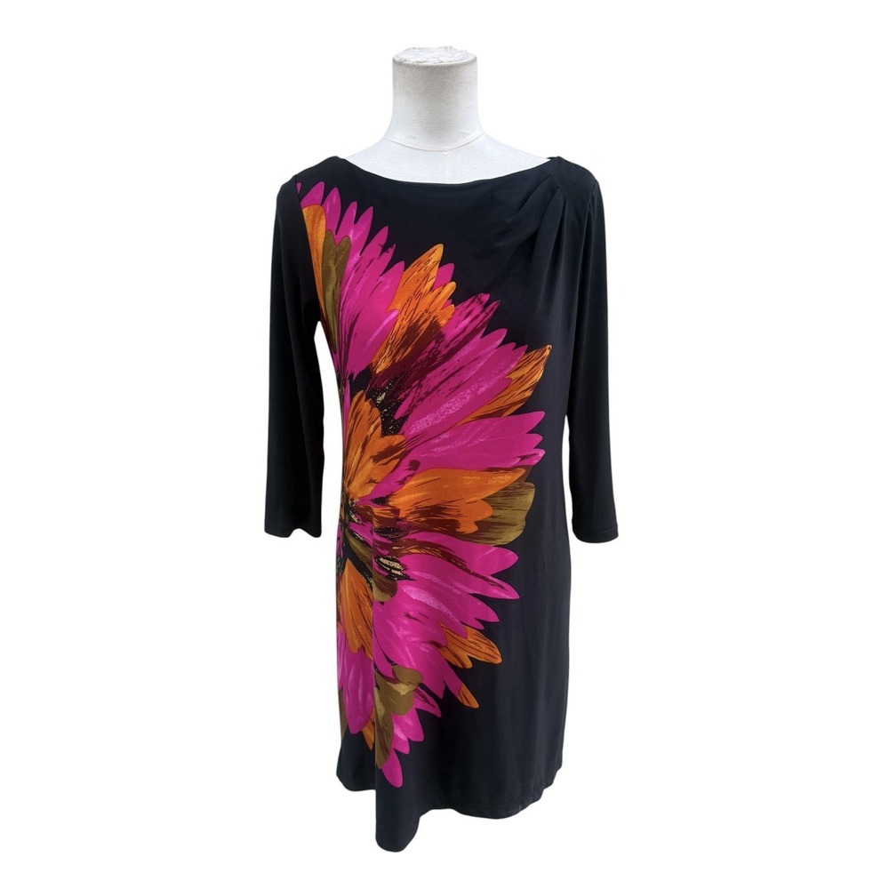 Maggy London Floral Sheath Dress Black Pink Orange 3/4 Sleeve Size 8